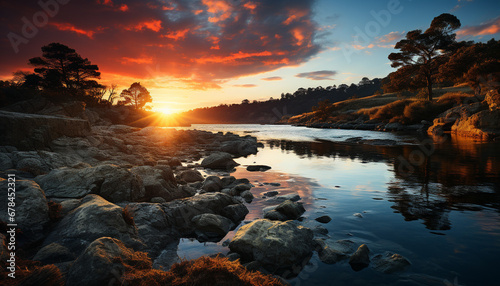 Sunset over tranquil seascape, reflecting the beauty of nature generated by AI