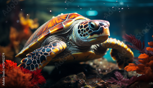 Cute turtle swimming in colorful reef, nature beauty underwater generated by AI