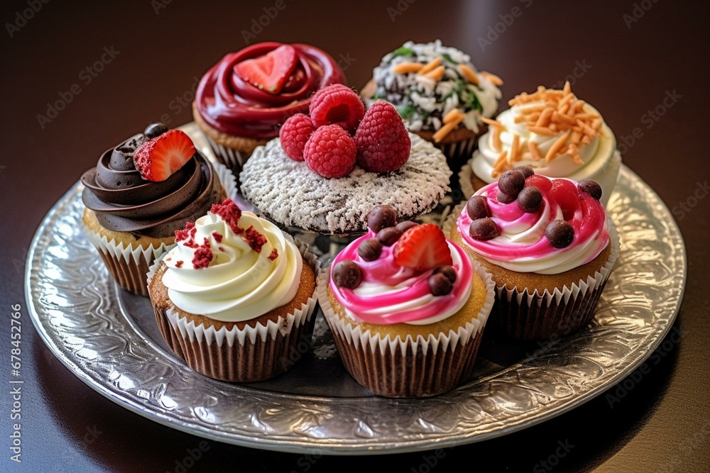 A plate of assorted cupcakes adorned with various toppings. Generative AI