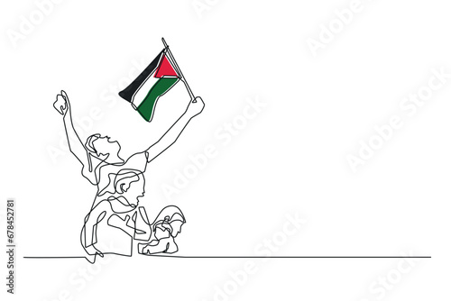 free palestine banner design.Continuous line of free Palestine.single line of children crying and waving the palestine flag.humanitarian solidarity for palestine