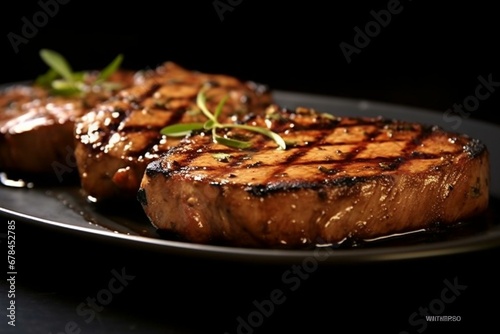 Grilled  smoky tuna steaks with soy-honey glaze. Generative AI