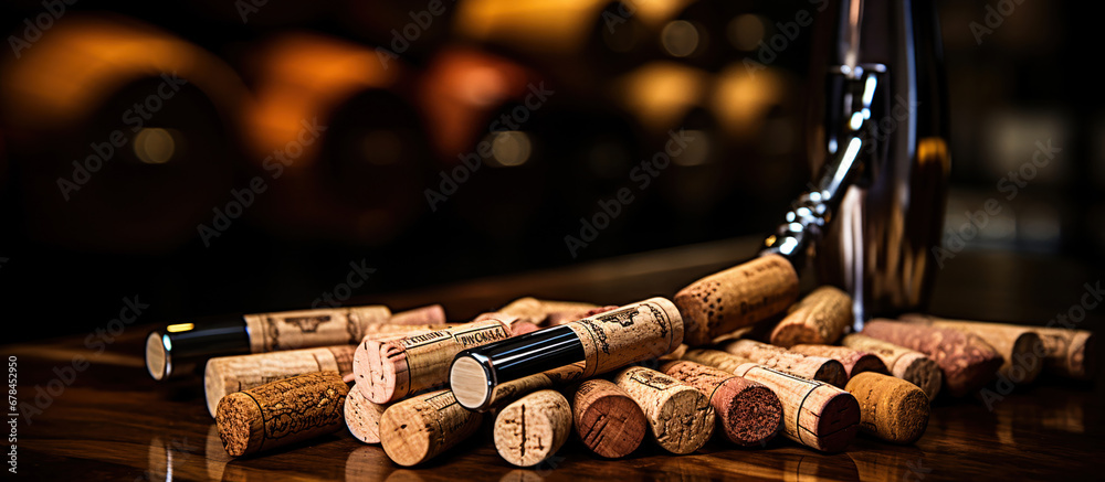 Opened wine corks lie beside their sleek opener, a union of tools and purpose. - obrazy, fototapety, plakaty 