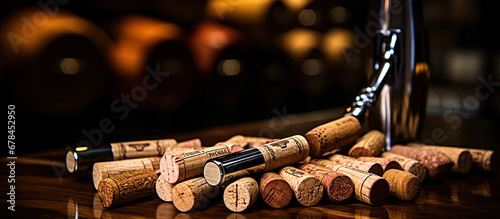 Opened wine corks lie beside their sleek opener, a union of tools and purpose. photo
