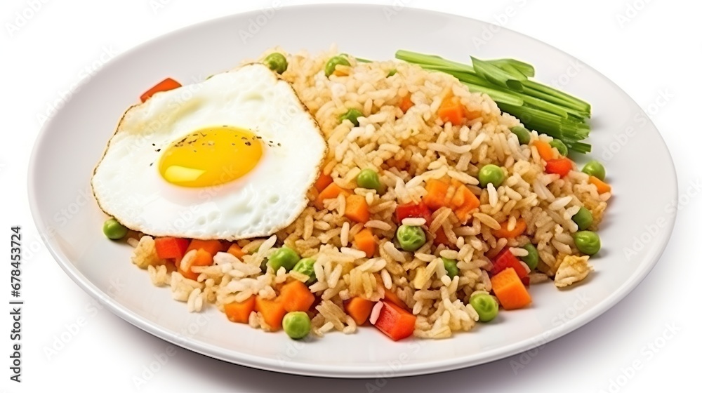 Fried Rice on a plate, white background. Generative AI