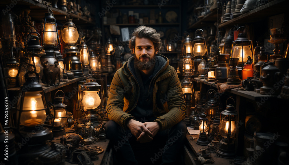 A man sitting, holding a lantern, smiling in candlelight generated by AI