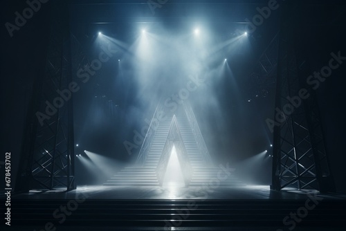Stage with focused light on mist. Construction blueprint. Generative AI