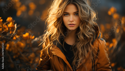 Young woman in autumn forest, smiling, looking at camera generated by AI