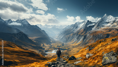One person hiking mountain peak, exploring majestic mountain range generated by AI photo