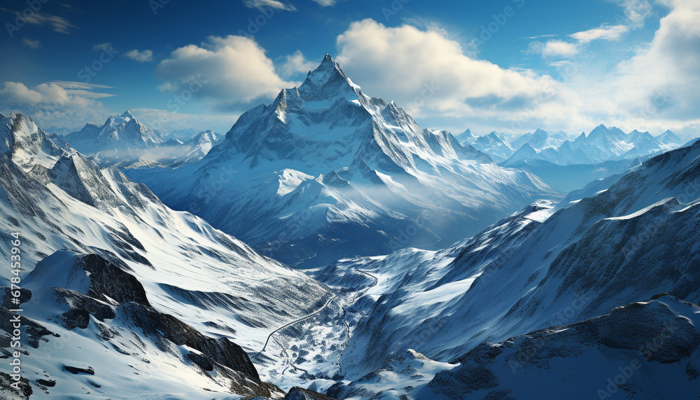 Majestic mountain peak, blue sky, tranquil scene, winter adventure generated by AI