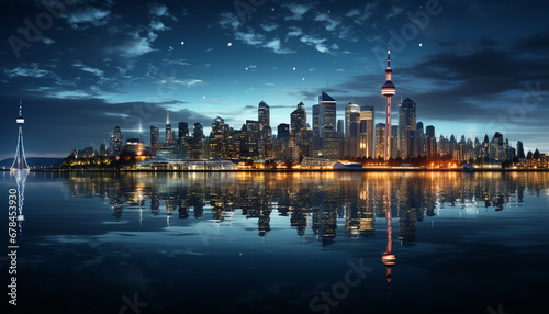 City skyline reflects in water, illuminating famous modern architecture at dusk generated by AI