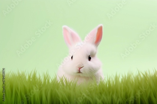White rabbit on grass, a fluffy white bunny with long ears, nestled in soft green grass