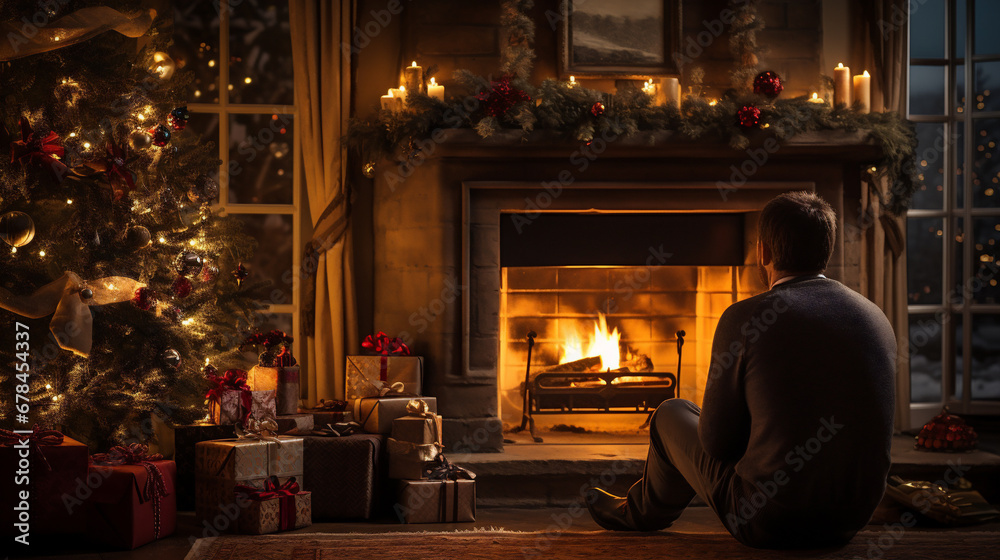 Man sitting by the fireplace and looking at the Christmas tree at home