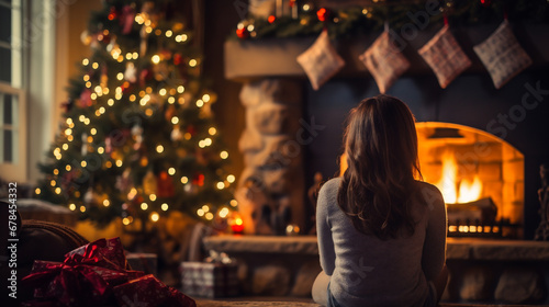 Young woman sitting by the fireplace at home in front of christmas tree photo