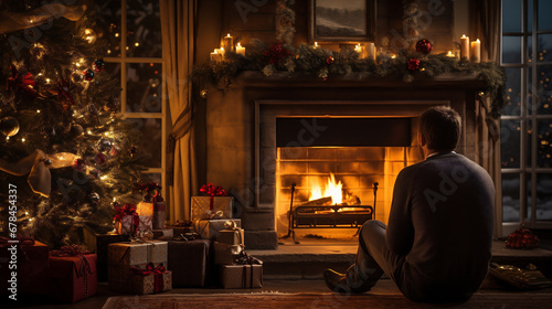Man sitting by the fireplace and looking at the Christmas tree at home