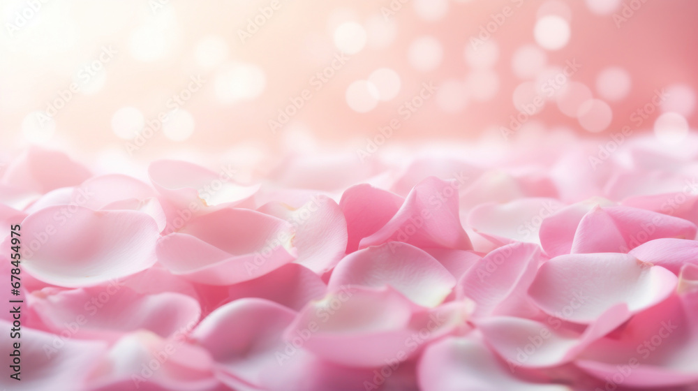 Pink roses petals on a golden bokeh background.
