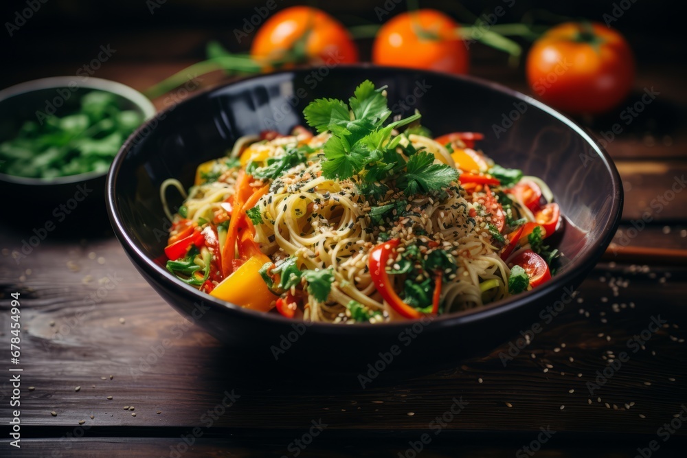 A colorful bowl of freshly cooked noodles garnished with vibrant vegetables, aromatic herbs, and a sprinkle of sesame seeds, served on a rustic wooden table