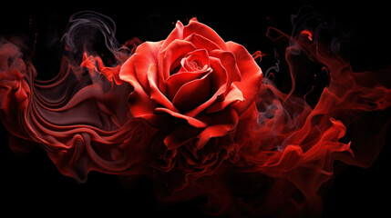 Red rose wrapped in smoke swirl on black background