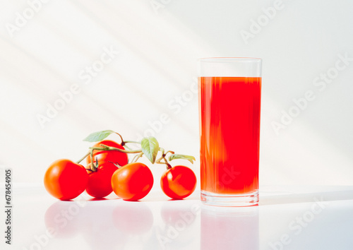 Food concept. A minimalist idea. Tomato juice in a glass. Cherry tomatoes as decoration. Simple idea  reduced lines  simplicity. Beige background. The idea of a healthy life.