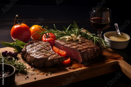 Exquisite Kobe beef steak, perfectly cooked to medium rare, served on a rustic wooden board with fresh herbs, grilled vegetables, and a glass of fine red wine