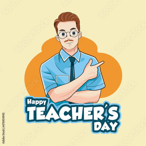 Happy teacher's day or teacher man with pointing aside. Vector illustration