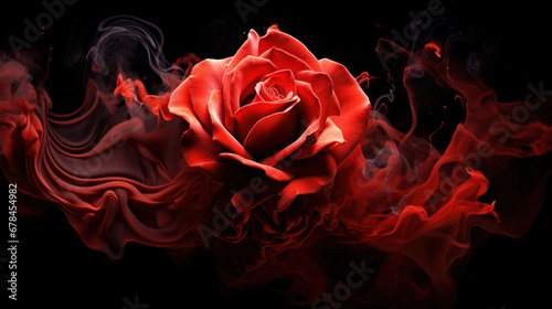 Foto Red rose wrapped in smoke swirl on black background