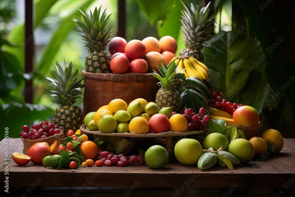 A vibrant display of the exotic Umbrella Fruit, beautifully arranged on a rustic wooden table, with a backdrop of lush green foliage, under soft, natural light A vibrant display of the exotic Umbrella Fruit, beautifully arranged on a rustic wooden table, with a backdrop of lush green foliage, under soft, natural light