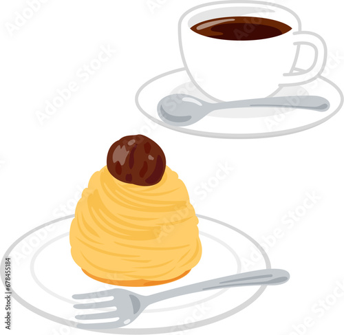 皿に盛ったモンブランとコーヒー