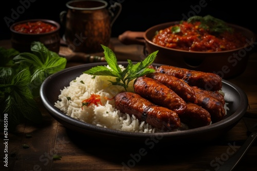 A close-up shot of Urutan, a traditional Balinese sausage, served on a rustic wooden table with sambal sauce, fresh herbs, and a side of steamed rice, capturing the essence of Indonesian cuisine