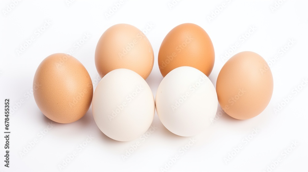 A closeup ,chicken eggs on a white background. Generative AI A closeup ,chicken eggs on a white background. Generative AI