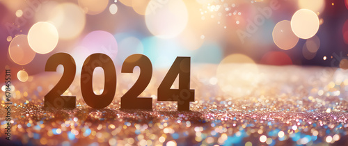 new year 2024 on a beautiful blurred glitter background with sparkles
