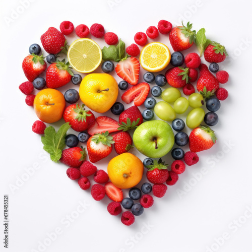Heart shape made of different fruits and berries on white background