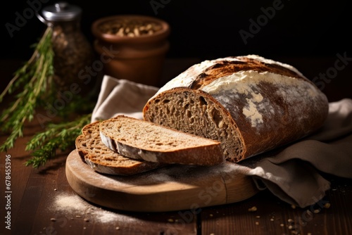 A close-up image of a freshly baked loaf of rye bread, with its deep, dark crust and soft, grainy interior, placed on a rustic wooden table, inviting you to taste its wholesome goodness