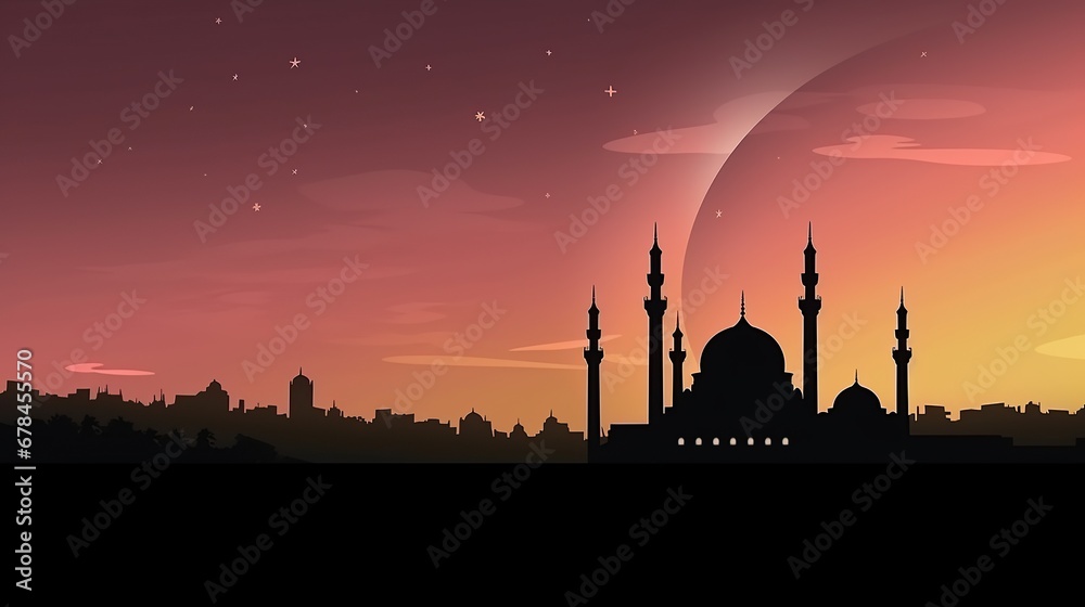 Mosque dome and crescent moon in the background, arabic text, Eid al-Adha, Eid al-Fitr, symbol of Islamic religion and empty space for text. Generative AI