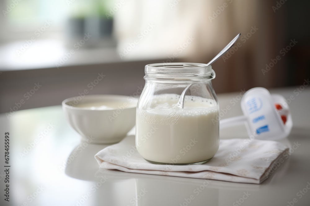 A close-up view of a can of infant formula, with a clean, sterilized bottle and a small, precise measuring spoon on a white, pristine kitchen counter A close-up view of a can of infant formula, with a clean, sterilized bottle and a small, precise measuring spoon on a white, pristine kitchen counter