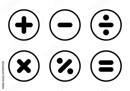 Addition, subtraction, multiplication, division, percentage, and equality icon vector in circle line