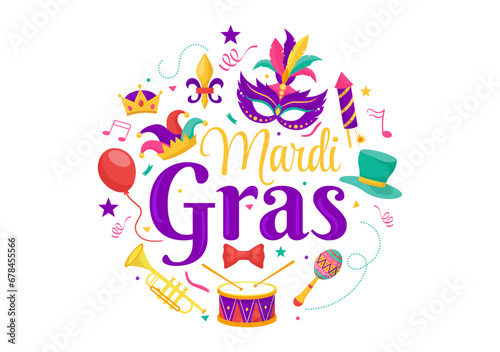 Mardi Gras Carnival Vector Illustration. Translation is French for Fat Tuesday. Festival with Masks  Maracas  Guitar and Feathers on Purple Background