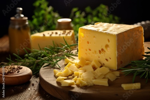 A close-up shot of a block of processed cheese, with its bright yellow color and creamy texture, on a rustic wooden table, surrounded by slices of fresh bread and a knife