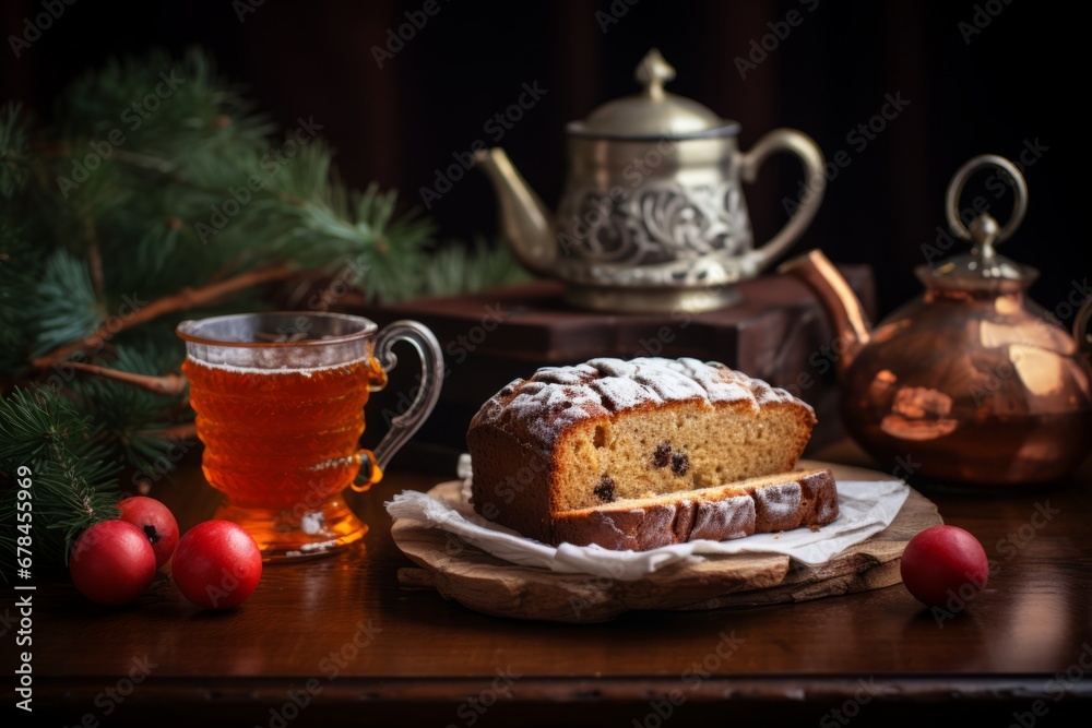 Fototapeta premium A beautifully decorated Tula pryanik, a traditional Russian gingerbread, served on a rustic wooden table with a cup of hot tea, evoking a sense of warmth and nostalgia