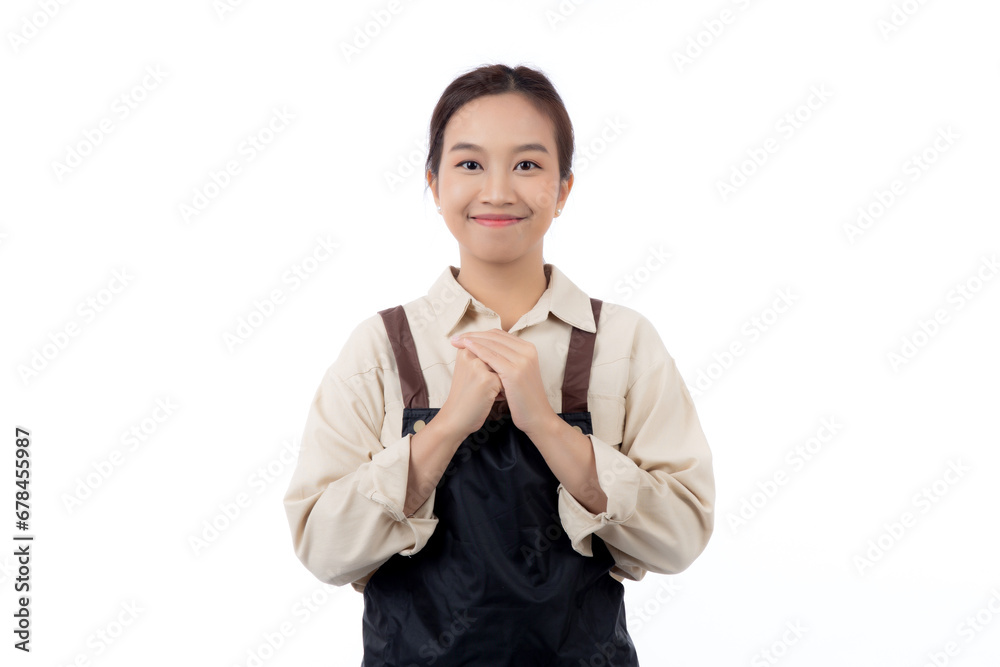 Portrait young asian barista woman wearing apron standing and smile isolated white background, waitress or entrepreneur cheerful, small business or startup, waiter of cafe or coffee shop. Portrait young asian barista woman wearing apron standing and smile isolated white background, waitress or entrepreneur cheerful, small business or startup, waiter of cafe or coffee shop.