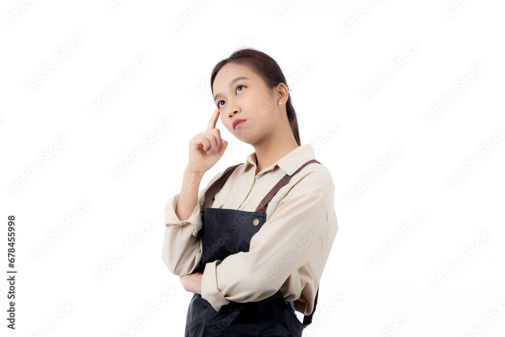 Portrait of young asian barista woman wearing apron gesture doubt and thinking idea isolated white background, waitress or entrepreneur thought and curious, small business or startup, waiter of cafe. Portrait of young asian barista woman wearing apron gesture doubt and thinking idea isolated white background, waitress or entrepreneur thought and curious, small business or startup, waiter of cafe.