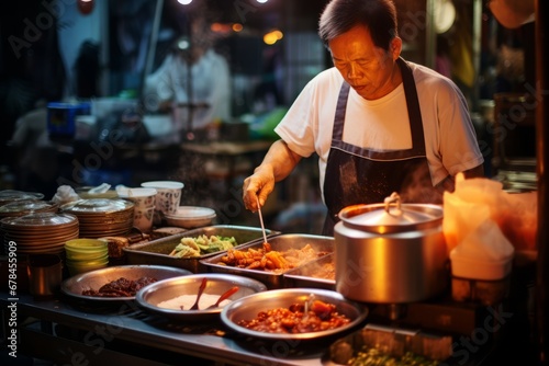 A vibrant street food scene in Hong Kong showcasing a local vendor skillfully crafting the traditional  Put Chai Ko  dessert  a steamed rice pudding  served in small ceramic bowls