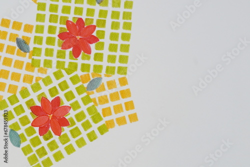 Orange and Green Squares as Background for Red Florettes and  Green Leaves on White photo
