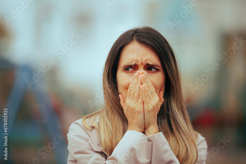 Scared Woman Feeling in Danger Alone in a Park. Anxious jumpy girl feeling unsafe walking by herself
