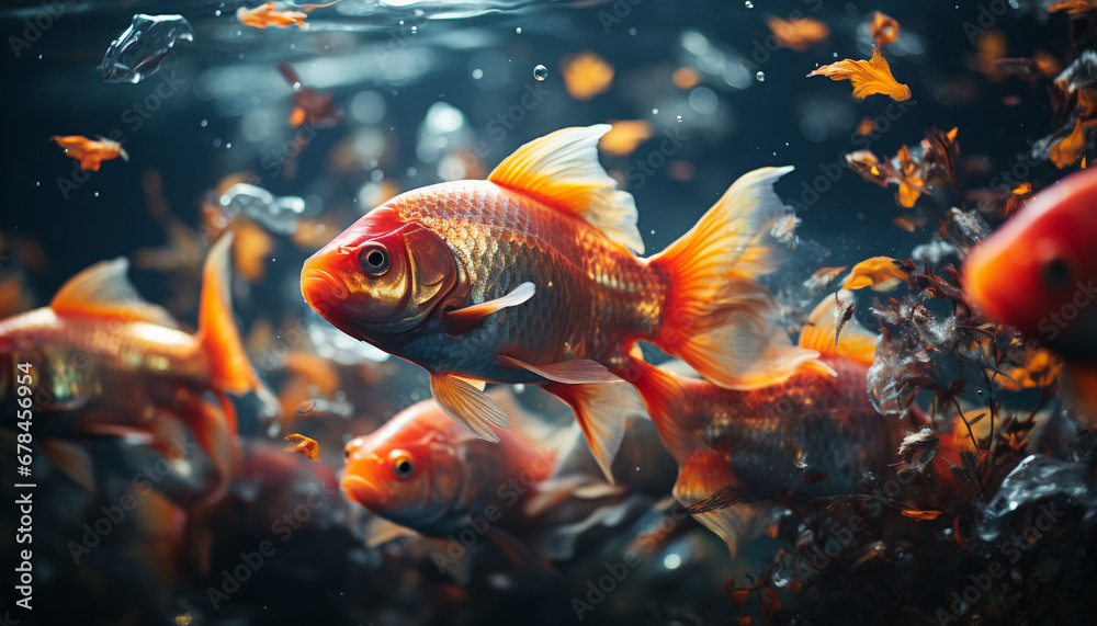 Fototapeta premium A vibrant school of multi colored fish swim in a tropical reef generated by AI