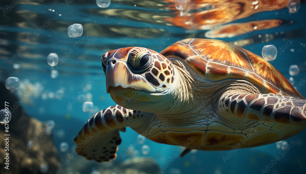 Fototapeta premium Turtle swimming underwater, surrounded by colorful fish and coral generated by AI
