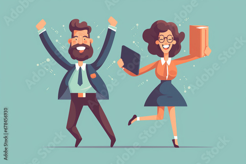 Man and woman holding laptop being happy with their business