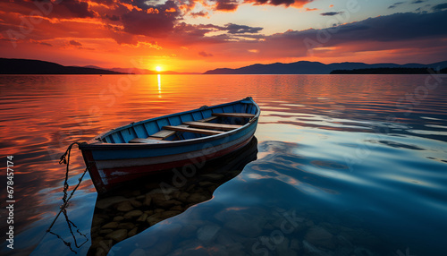 Tranquil sunset, water reflects beauty in nature, abandoned fishing boat generated by AI