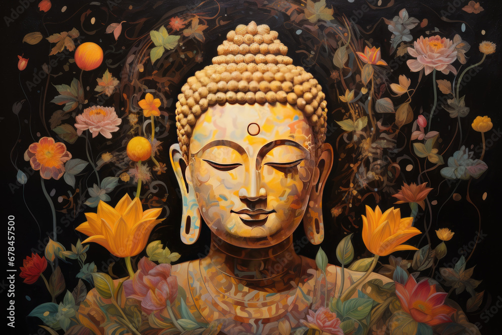 a colorful abstract painting of glowing golden buddha with leaves and dots