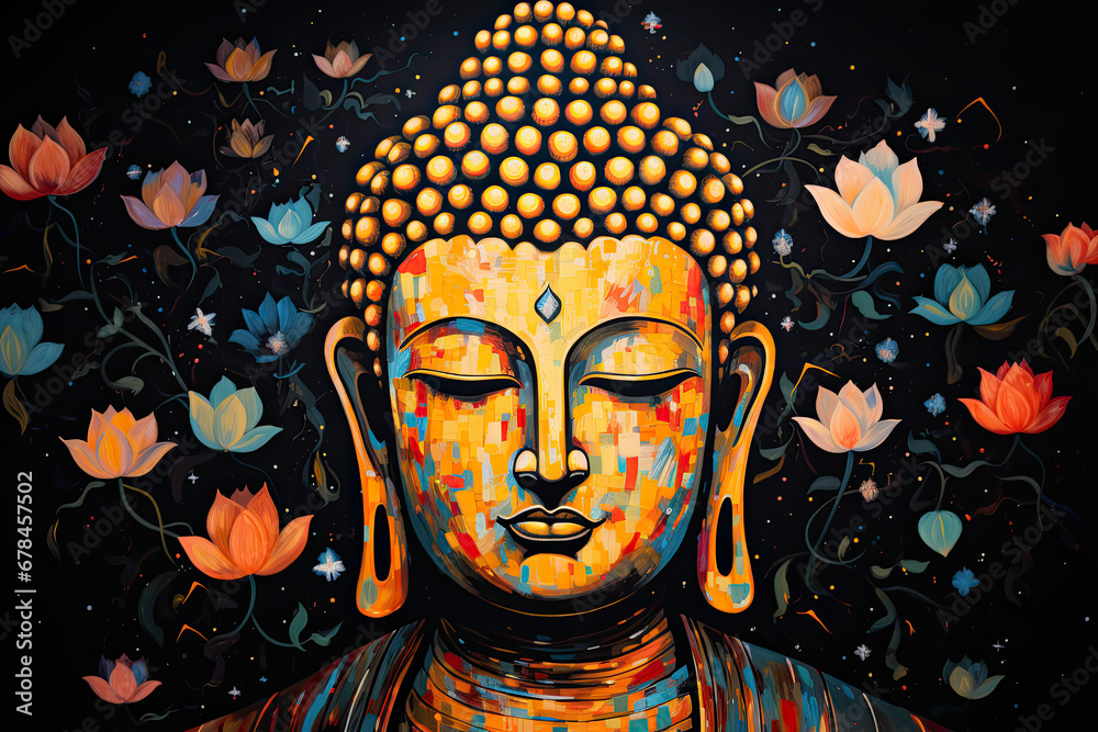 a colorful abstract painting of glowing golden buddha with leaves and dots - obrazy, fototapety, plakaty 