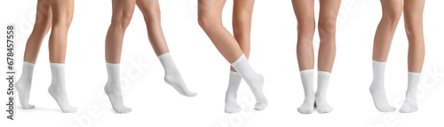 Women in stylish socks on white background, collection of photos photo